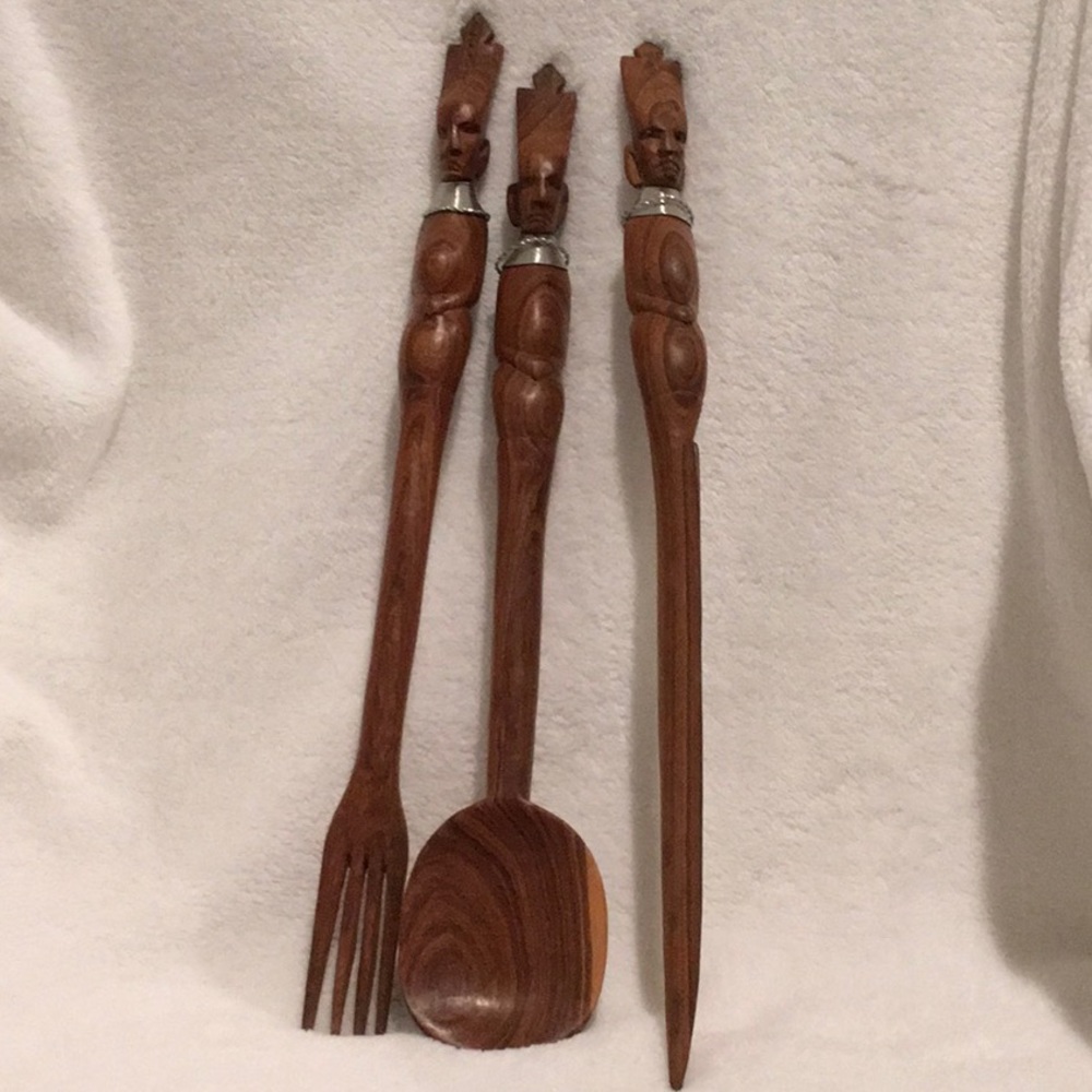 Vintage Ubangi Fugures African Masai Kenya wooden Serving utensils set of 3